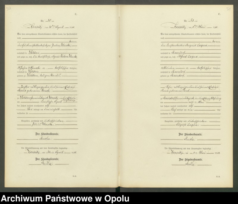 Obraz 18 z jednostki "Sterbe-Register (Neben-Register) Standesamt Koppitz 1911 No. 1 bis 72"