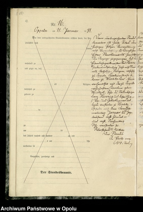 Obraz 19 z jednostki "Urząd Stanu Cywilnego w Opolu 1898 Rejestr zgonów Księga Miejscowa Nr 1 do 314"