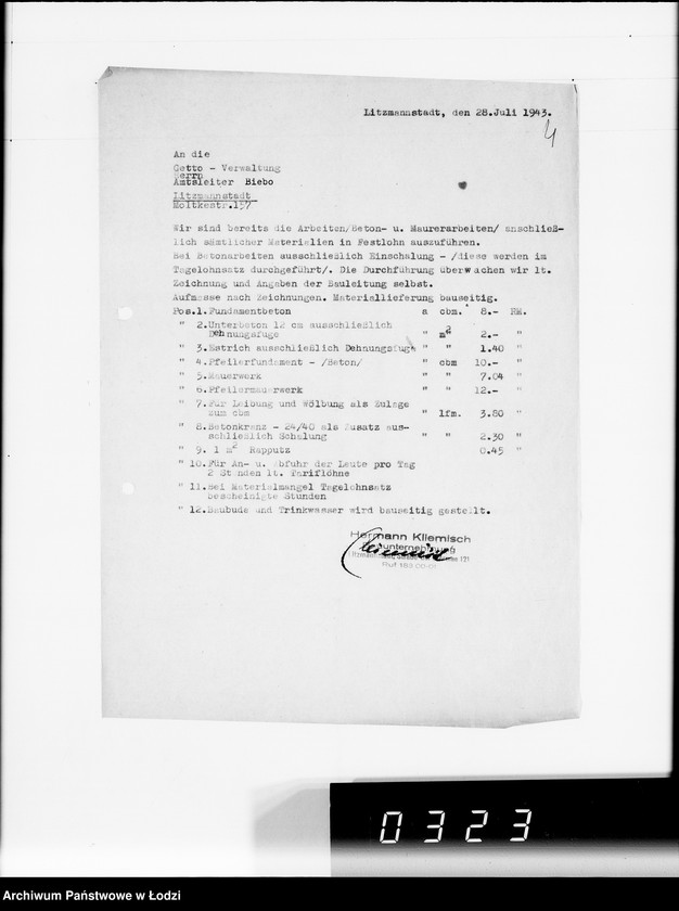 Obraz 8 z jednostki "Fa.Kliemisch.Werkhalle & Baluter-Schlahthof [rachunki za dostawy towarów dla Getta]"
