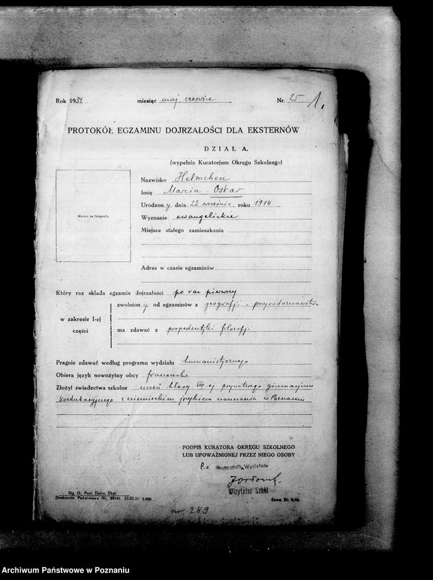 Obraz 4 z jednostki "Protokoły z egzaminów dojrzałości dla eksternistów abiturientów, prywatnego gimnazjum koedukacyjnego z niemieckim językiem nauczania imienia Schillera w Poznaniu"