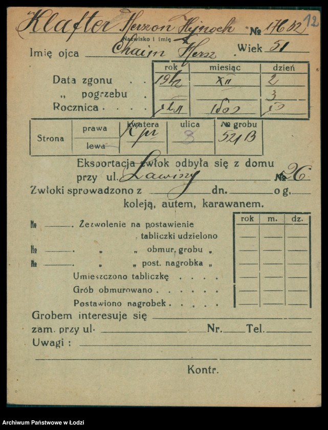 Obraz 13 z jednostki "Kartoteka osób pochowanych na cmentarzu żydowskim przy ulicy Brackiej w latach 1892-1959. Nazwiska na litery: Kl-Kn"
