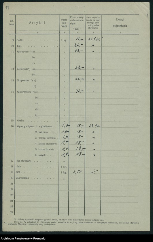 Obraz 13 z jednostki "[Wykazy urzędowo ustanowionych cen maksymalnych na artykuły pierwszej potrzeby na terenie Województwa Poznańskiego za miesiąc październik 1920 roku]"