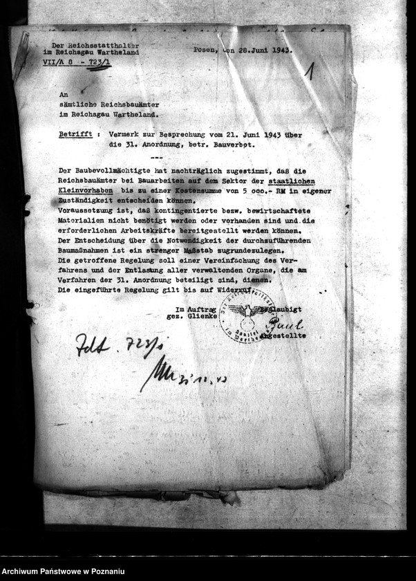 Obraz 5 z jednostki "Betriebsstoffzuteilungen für Kraftfahrzeuge. Regelung der Bauwirtschaft. Bauverbot. Lückenbebauung Posen. Behelfsbauten für Molkereien."