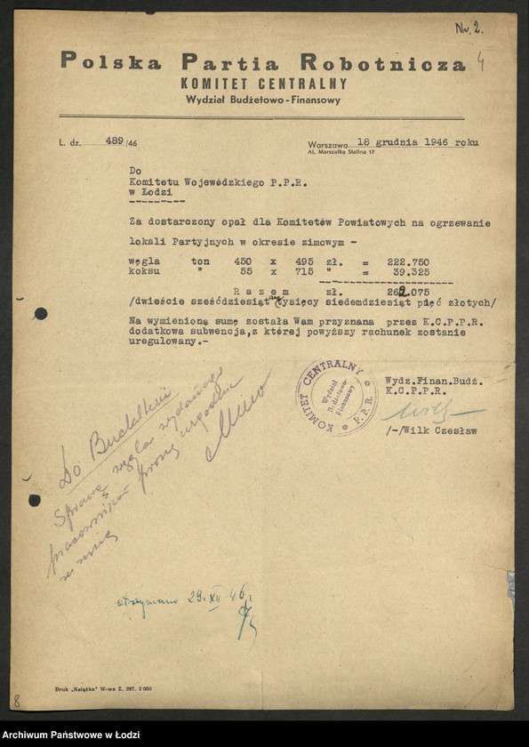 Obraz 5 z jednostki "Korespondencja z [Wydziałem Ogólnym, Budżetowo - Finansowym, Gospodarczym oraz Buchalterią] Komitetu Centralnego"