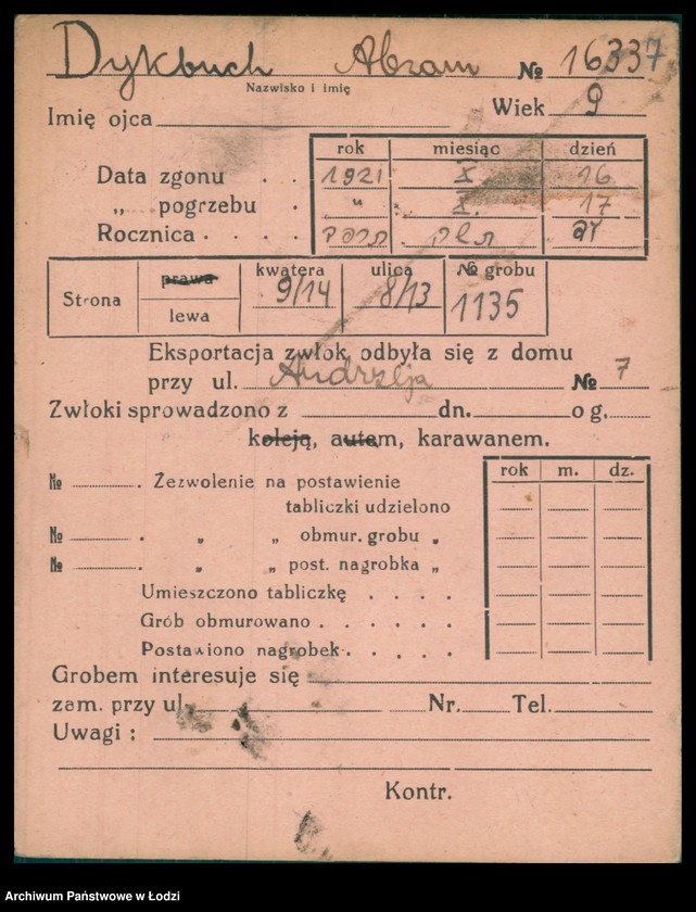 Obraz 8 z jednostki "Kartoteka osób pochowanych na cmentarzu żydowskim przy ulicy Brackiej w latach 1892-1953. Nazwiska na litery: Dy-Dz"