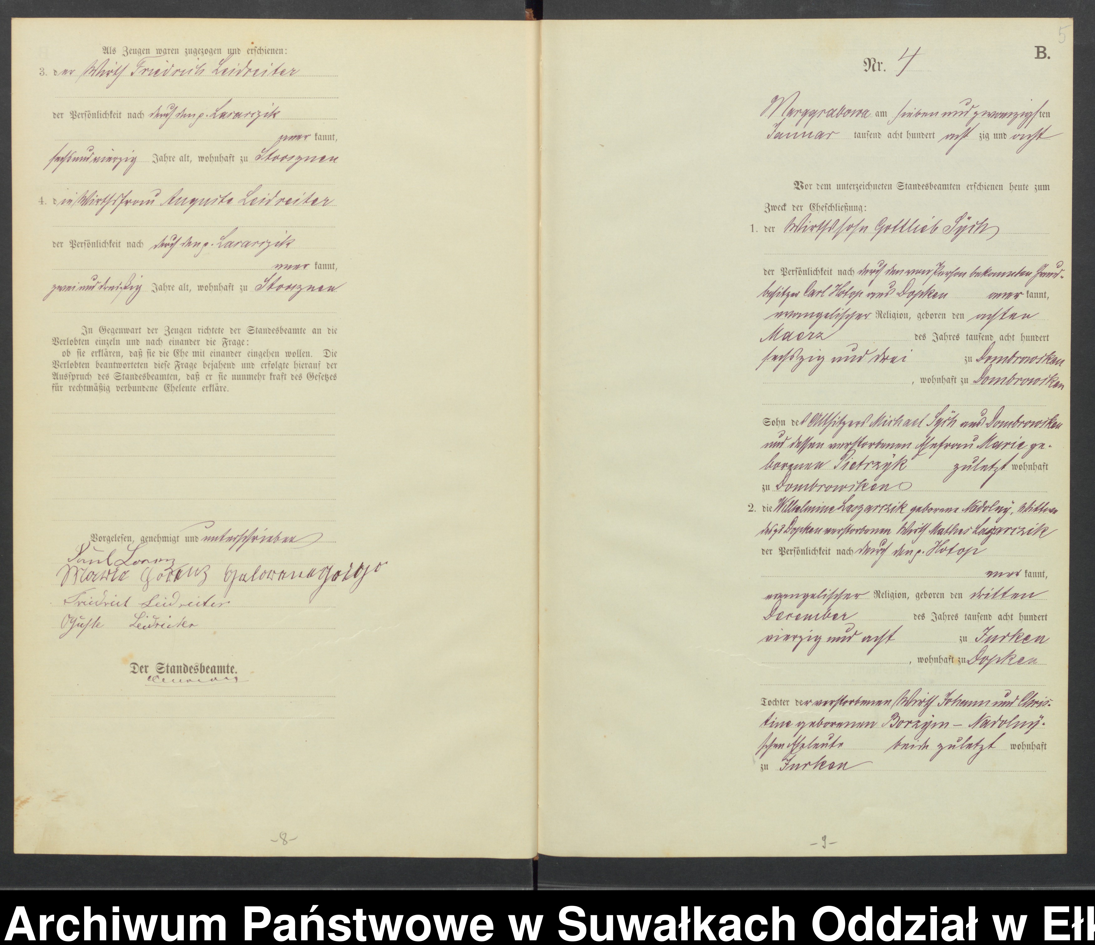 Skan z jednostki: Heiraths-Haupt-Register des Königlichen Preussischen Standesamtes Landbezirk Marggrabowa Kreis Oletzko