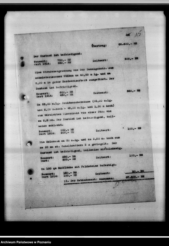 Obraz 20 z jednostki "Schätzungs-Gutachten betreffend das Grundstück in Posen, Adolf Memelstrasse 4."