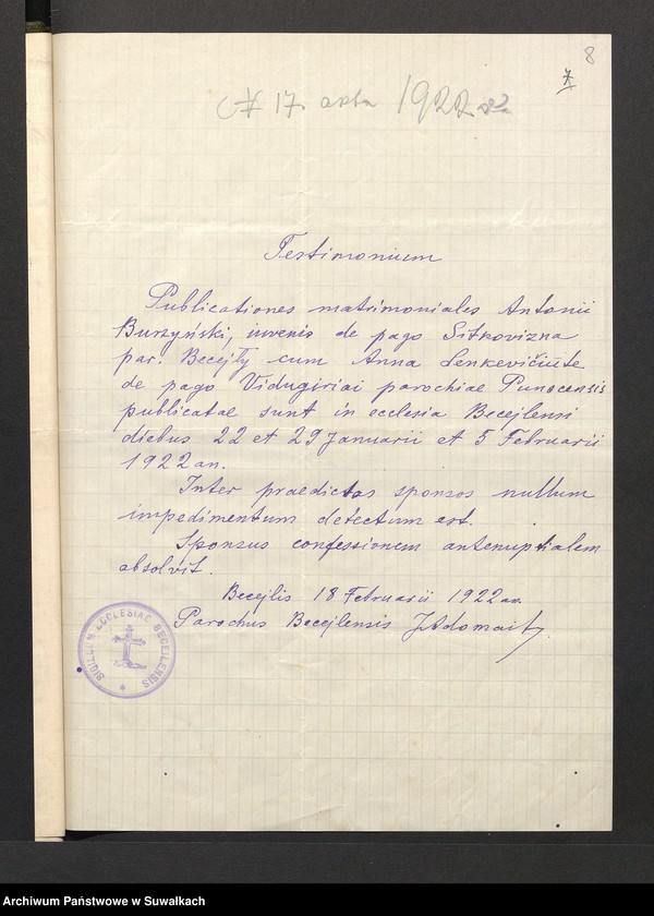 image.from.unit.number "Aneksa Do aktów zaślubionych r.kat. parafji Puńsk z r. 1922"