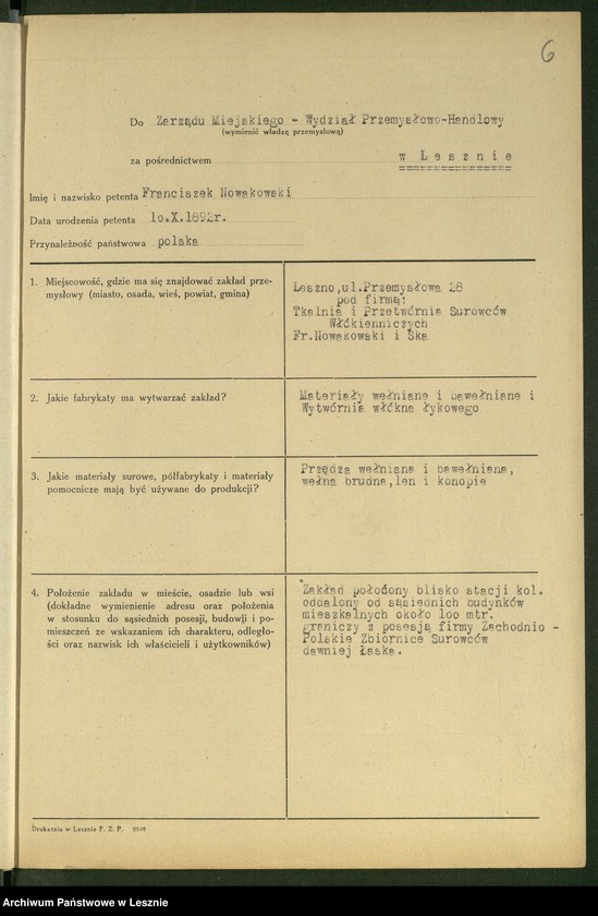 Obraz 7 z jednostki "[Przetwórnia Surowców Włókienniczych - Franciszek Nowakowski - rejestracja]"