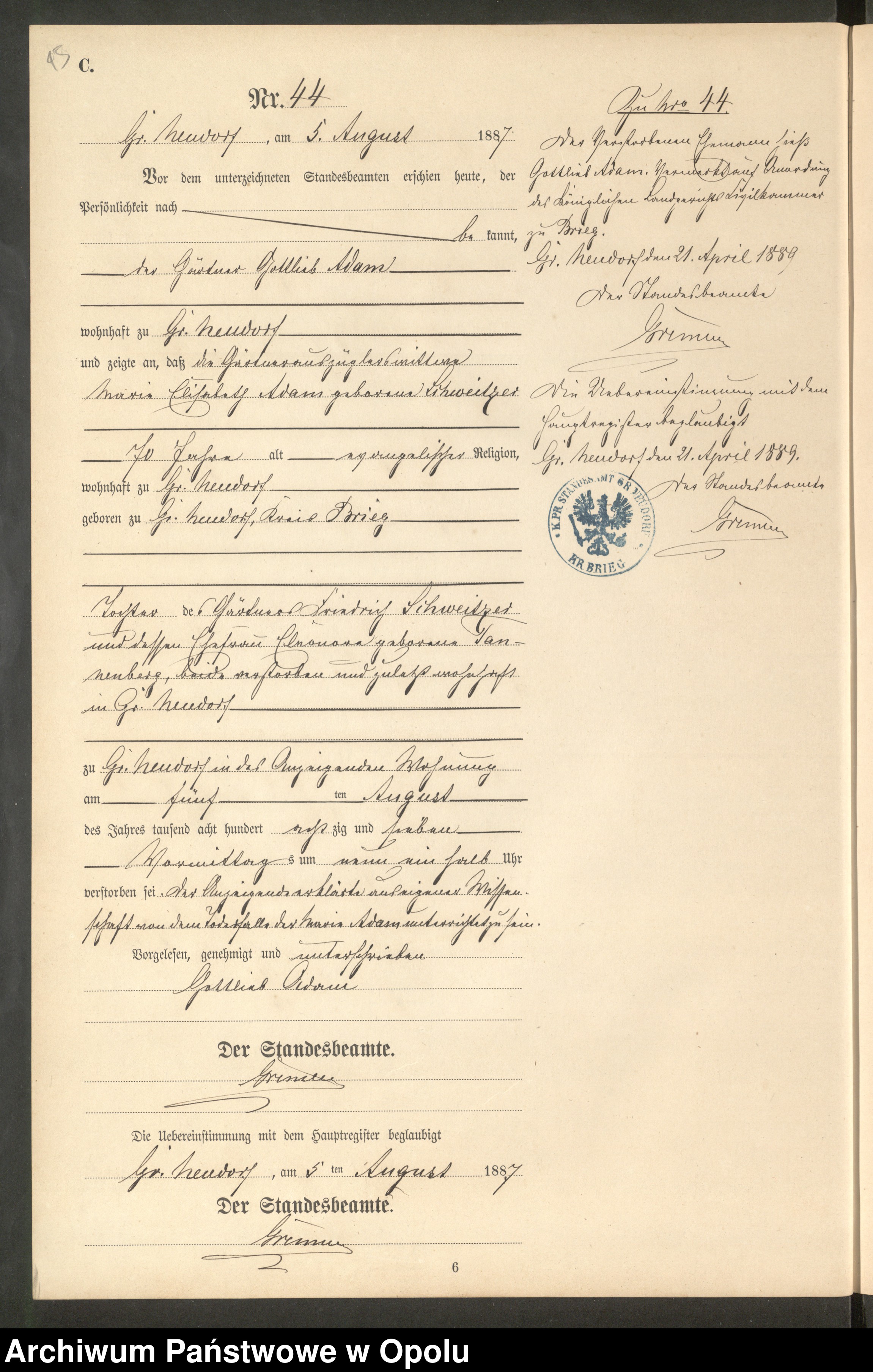 Skan z jednostki: Sterbe-Neben-Register Standes-Amt Gross Neudorf 1887