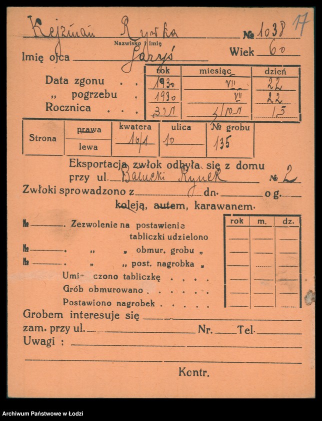 Obraz 18 z jednostki "Kartoteka osób pochowanych na cmentarzu żydowskim przy ulicy Brackiej w latach 1892-1951. Nazwiska na litery: Kei-Ki"