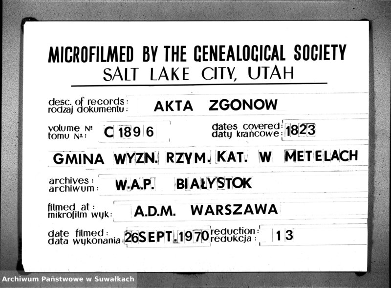 Obraz 1 z jednostki "Księga Aktów Zeyscia Urzędnika Stanu Cywilnego Gminy Metelskiey Pttu Seyneńskiego Woiewództwa Augustowskiego Od dnia 1-o Stycznia Tysiąc Osimset Dwodziestego Trzeciego roku 1823"