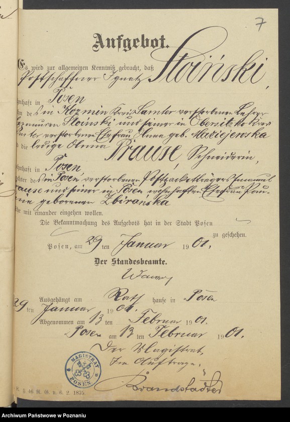 Obraz 9 z jednostki "Die von den Verlobten beigebrachten Urkunden zur Eheschliessung pro 1901. Vol IV"