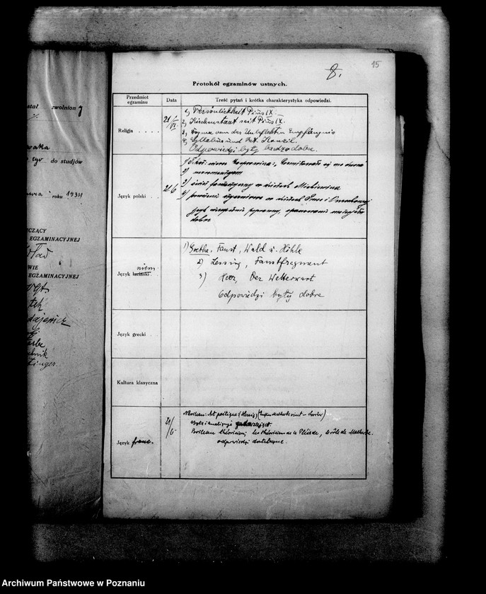 Obraz 18 z jednostki "Protokoły z egzaminów dojrzałości dla eksternistów abiturientów, prywatnego gimnazjum koedukacyjnego z niemieckim językiem nauczania imienia Schillera w Poznaniu"