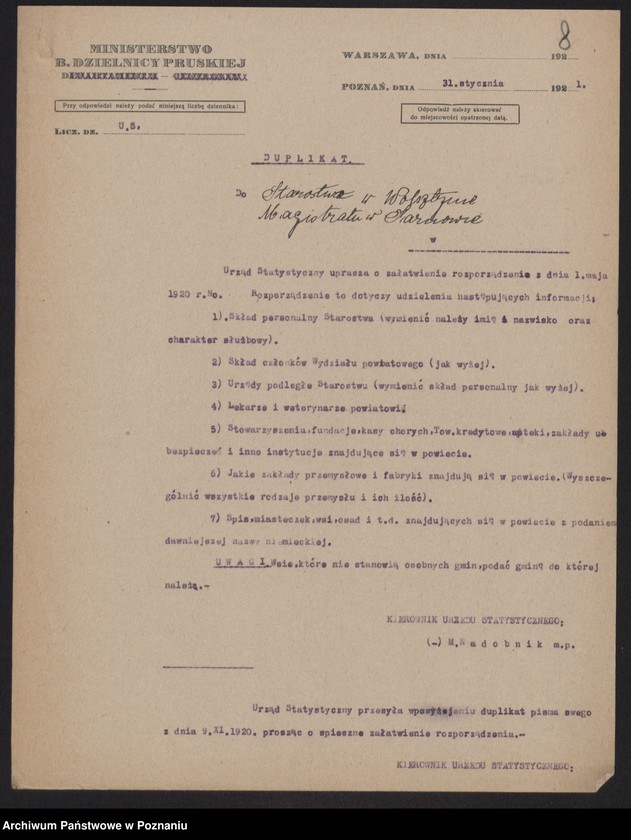 Obraz 7 z jednostki "[Obsada personalna Starostwa Powiatowego w Wolsztynie, skład członków Wydziału Powiatowego, Kierowników i innych urzędów i instytucji działających na terenie powiatu]"