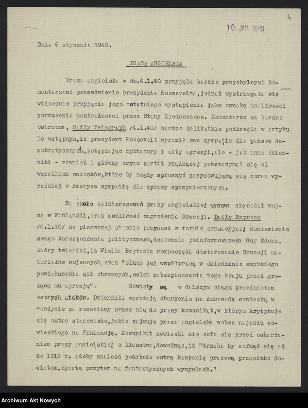 Obraz 6 z jednostki "Przegląd prasy angielskiej z 3-4 I 1940 r. i francuskiej z 5 I 1940 r."