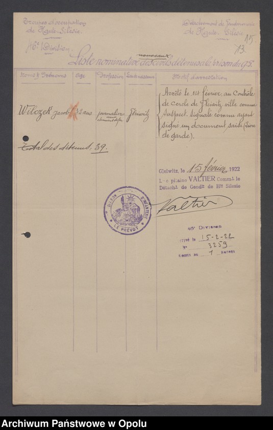 image.from.unit.number "Arrestation /Korespondencja dotycząca stanu wyjątkowego na Górnym Śląsku - aresztowania, listy imienne więźniów/ 2.02.-10.03.1922"