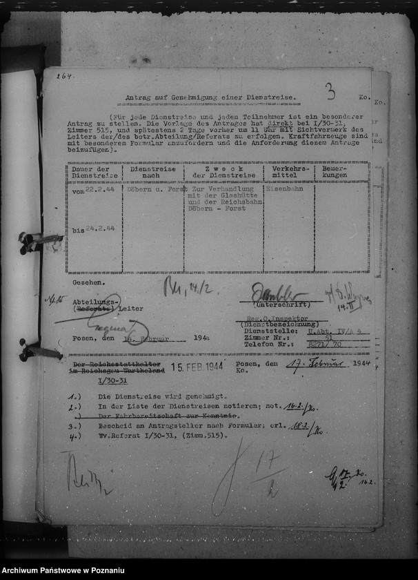 Obraz 7 z jednostki "Genehmigungen der Dienstreisen / Archivgut - Bytyn, Ceradz, Tarnowo, Starpel / i inne wyjazdy służbowe"