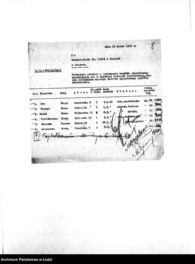 Obraz 11 z jednostki "[Korespondencja resortów i osób prywatnych w sprawie pomocy materialnej i lekarskiej dla starych i chorych mieszkańców getta]"