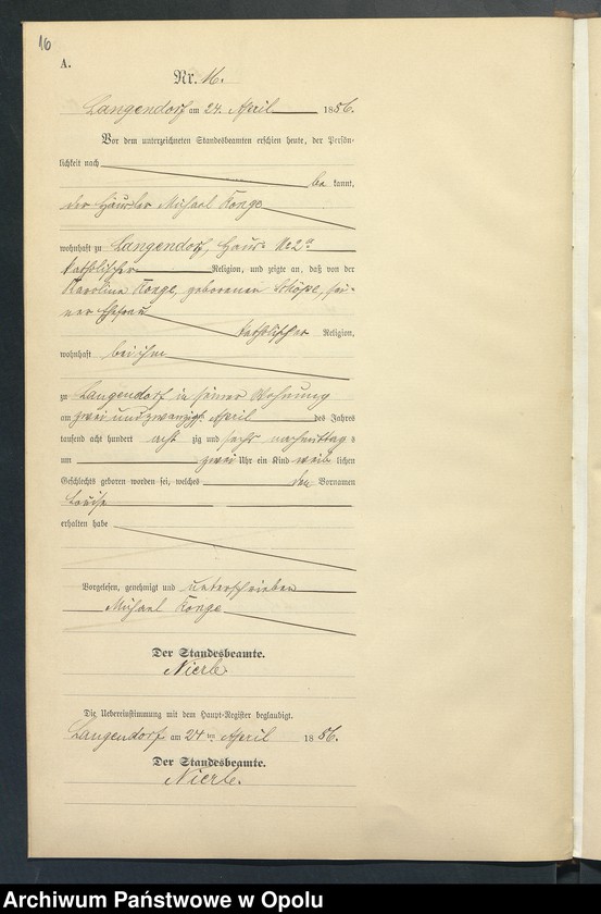 Obraz 20 z jednostki "Geburts-Neben-Register des Standesamts Langendorf pro 1886"