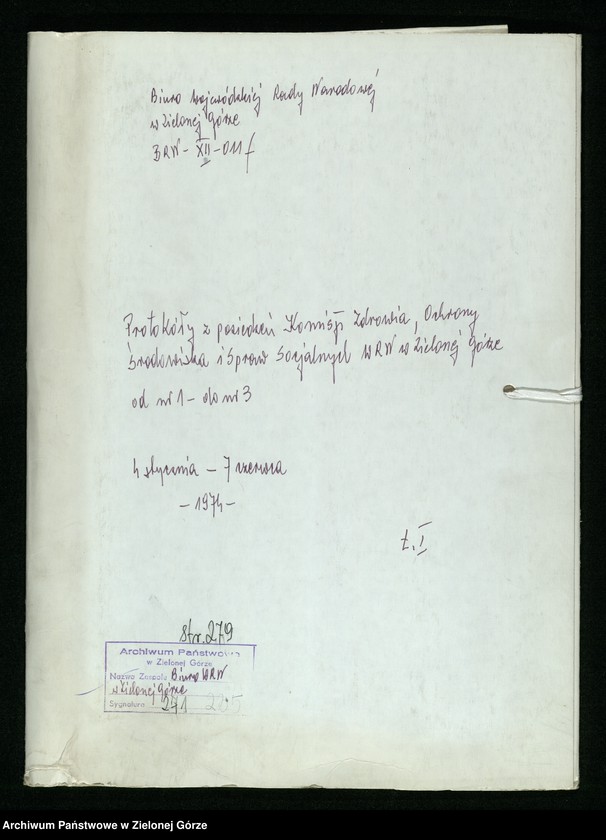 image.from.unit.number "Protokóły z posiedzeń Komisji Zdrowia, Ochrony Środowiska i Spraw Socjalnych Wojewódzkiej Rady Narodowej w Zielonej Górze; Nr 1 - 3; Tom 1 "