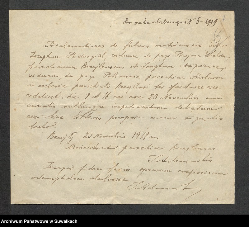 image.from.unit.number "Dokumenta do aktów ślubnych parafji Smolnickiej za 1919 rok"