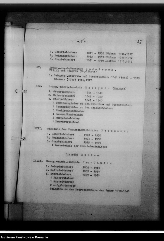 Obraz 19 z jednostki "Verzeichnis der, in der Sippenstelle der Regierungs des Generalgouvernements aufbewahrten Personenstandsbücher [wykaz, korespondencja]"
