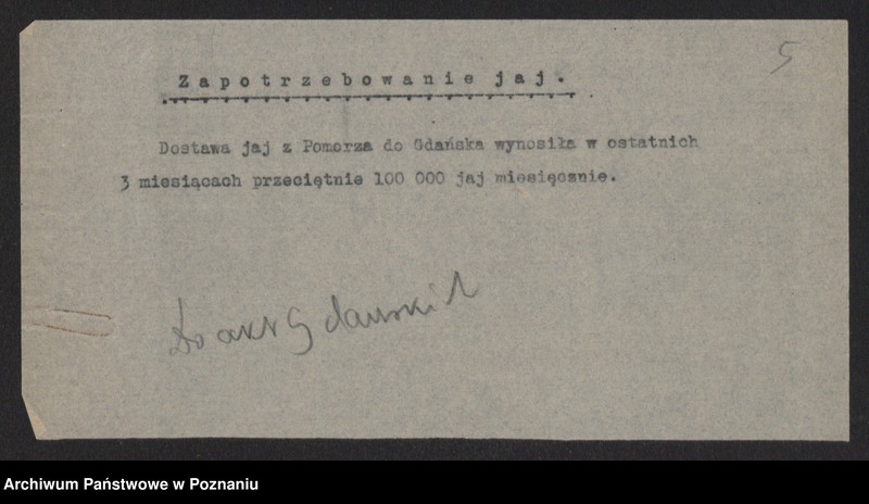 Obraz 7 z jednostki "[Dane dotyczące Wolnego Miasta Gdańska, m.in. dotyczące zapotrzebowania na mleko, wielkości produkcji zboża, ziemniaków i innych płodów rolnych, sztuk bydła i trzody chlewnej oraz liczby robotników zrzeszonych w związkach zawodowych]"