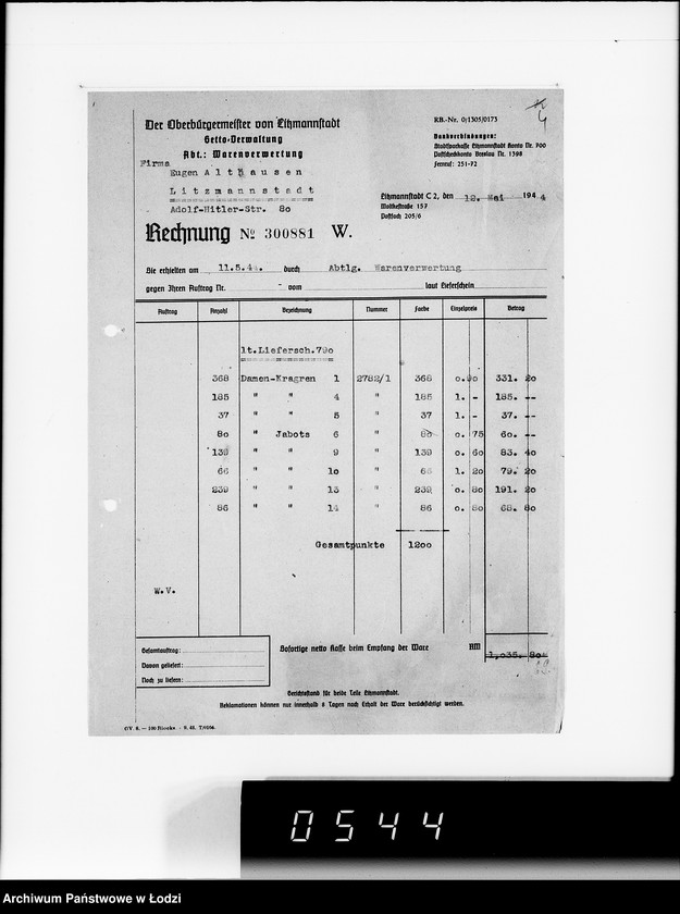 Obraz 8 z jednostki "Firma Eugen Althausen Litzmannstadt VIII [Zamówienia, rachunki, listy przesyłkowe]"