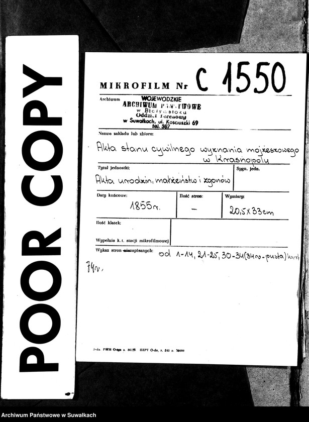 image.from.unit.number "Duplikat Akt Urodzonych, Zaślubionych i Umarłych Urzędnika Stanu Cywilnego Okręgu Krasnopol za rok 1855."