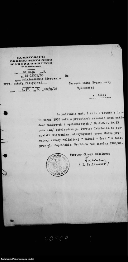 Obraz 8 z jednostki "Sprawy Talmud Tory przy ul. Goplańskiej N. 26"