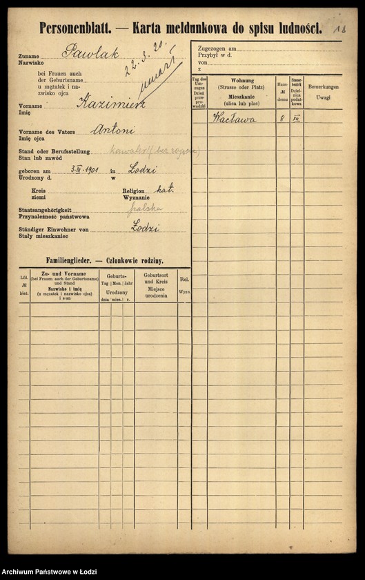 Obraz 20 z jednostki "[Spis ludności Łodzi] Pawlak"