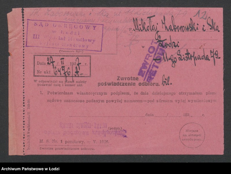 Obraz 14 z jednostki "Mikołaj Zaborowski i S-ka- handel wyrobami tytoniowymi"