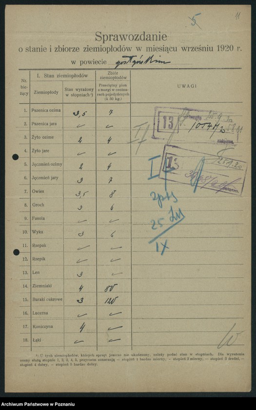 Obraz 13 z jednostki "[Sprawozdanie o stanie i zbiorze ziemiopłodów w miesiącach wrześniu i październiku 1920 w poszczególnych powiatach]"