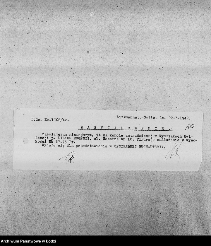 Obraz 13 z jednostki "[Kopie zaświadczeń dla pracowników Wydziałów Ewidencji o zatrudnieniu, wysokości poborów, potrąceniach za komorne, przydziałach żywnościowych i inne]"