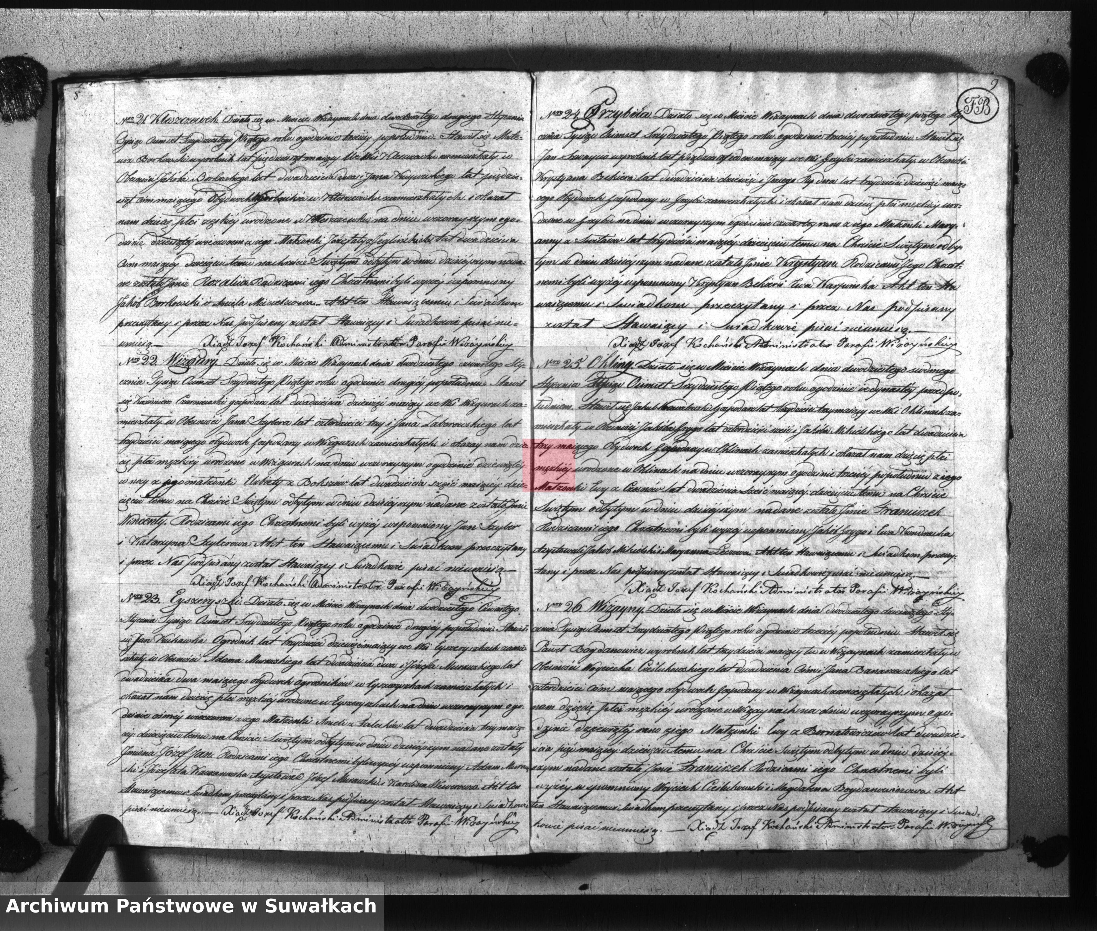 Skan z jednostki: Księga duplikat aktów kościoła parafialnego wiżayńskiego na rok 1835 służące-obejmujące metryki urodzonych, zaślubionych i zeszłych