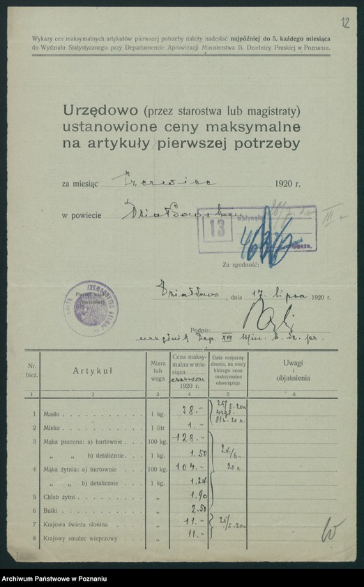 Obraz 13 z jednostki "[Wykazy cen maksymalnych artykułów spożywczych w poszczególnych miastach Województwa Pomorskiego za miesiące czerwiec i lipiec 1920 roku]"