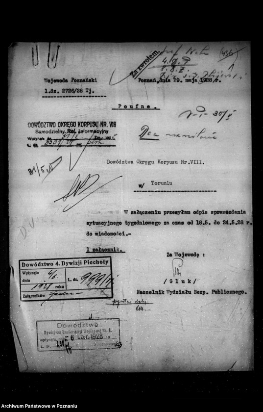 Obraz 5 z jednostki "Sprawozdania sytuacyjne tygodniowe za czas od 18 maja do 28 czerwca 1928 r."