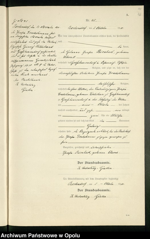 image.from.unit.number "Geburts-Register (Neben-Register) Standesamt Borkendorf 1910 No. 1 bis 60."