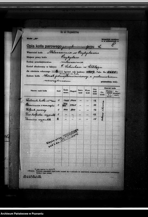 Obraz 13 z jednostki "Mleczarnia w Przybysławiu pow. jarociński nr fabr kotła 2625, nr woj. kotła 6606"
