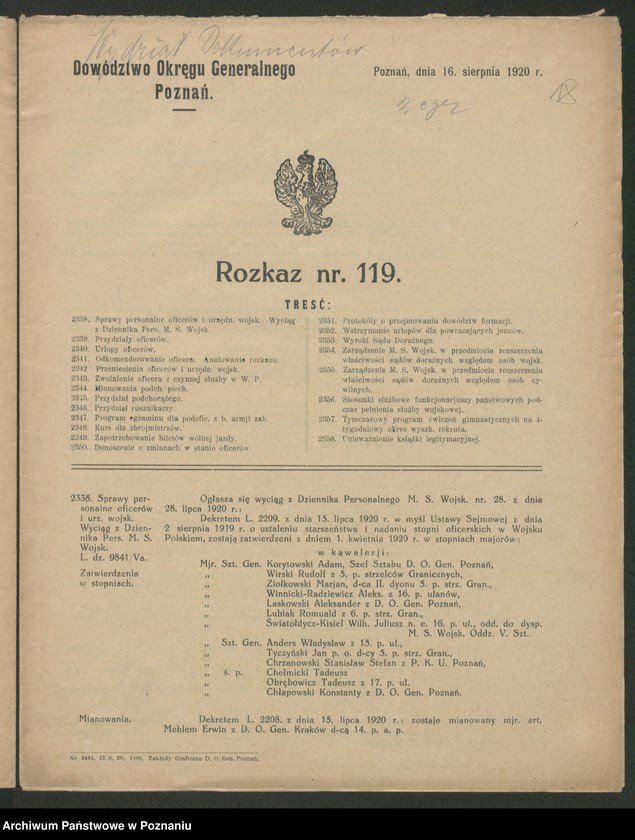 Obraz 20 z jednostki "/Rozkazy Dowództwa Okręgu Generalnego w Poznaniu/, nr 116-140."