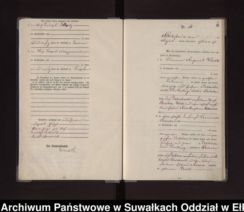 Obraz 19 z jednostki "Heiraths-Haupt-Register des Königlichen Preussischen Standes-Amtes /Stadt/ Nikolaiken Kreis Sensburg für das Jahr 1887 Nikolaiken Kreis Sensburg für das Jahr 1888"