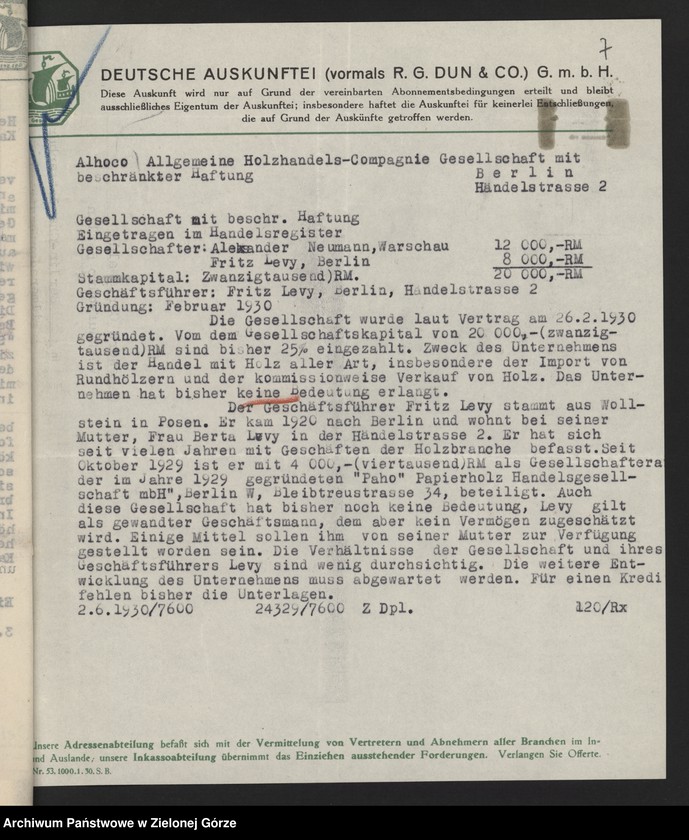 image.from.unit.number "[Informacja przemysłowo-handlowa agencji Deutsche Auskunftei z lat 1926-1932 dot. danych przedsiębiorstw korzystających z usług książęcego urzędu Budowlanego w Żaganiu]"