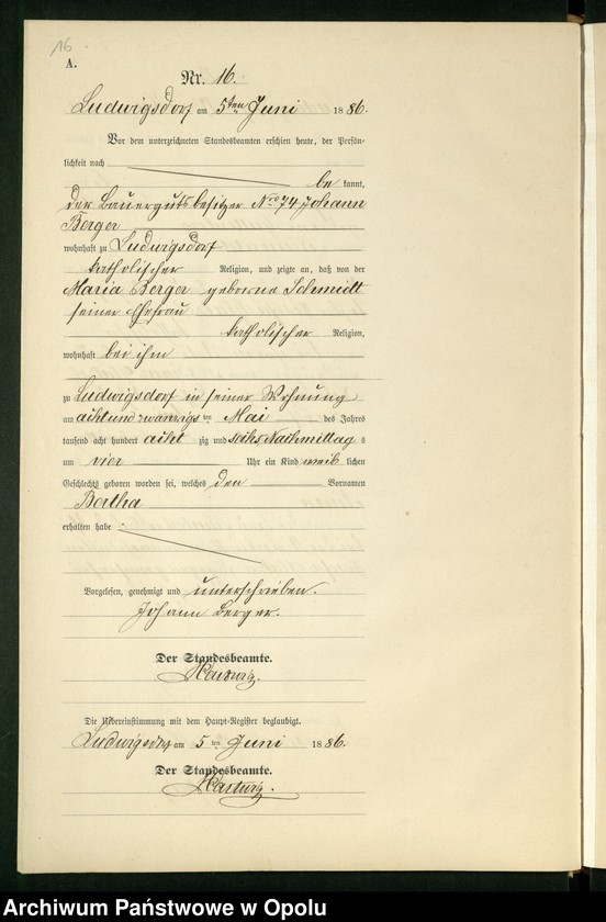 Obraz 20 z jednostki "Geburts-Neben-Register des Standesamts Ludwigsdorf pro 1886"