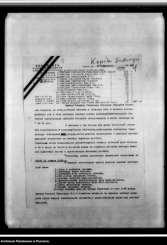 Obraz 8 z jednostki "Korespondencja federacji w sprawach personalno-organizacyjnych dotycząca zgłoszeń na kurs, rozliczenia z imprez, programów odpraw, regulaminów komisji finansowo-gospodarczej, spisy zaproszeń kombatantów na imprezy"