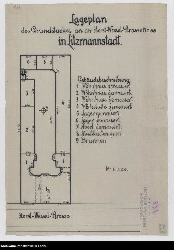 Obraz 1 z jednostki "Lageplan des Grundstückes an der Horst Wessel Straße Nr 66 in Litzmannstadt"