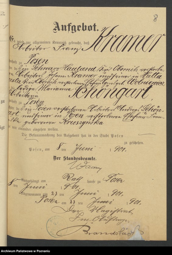 Obraz 10 z jednostki "Die von den Verlobten beigebrachten Urkunden zur Eheschliessung pro 1901. Vol IX"