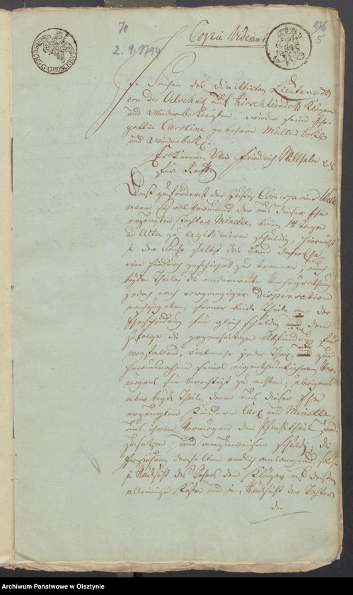 image.from.unit.number "In S. [Sachen] der Friderique Caroline Henriette geschiedene von der Oelsnitz geborene Müller wegen des in Subhastatione voluntaria erkauften Adelichen Guts Kirsteinsdorff [Kiersztanowo] H.[Haupt] Amts Osterode [Ostróda]"
