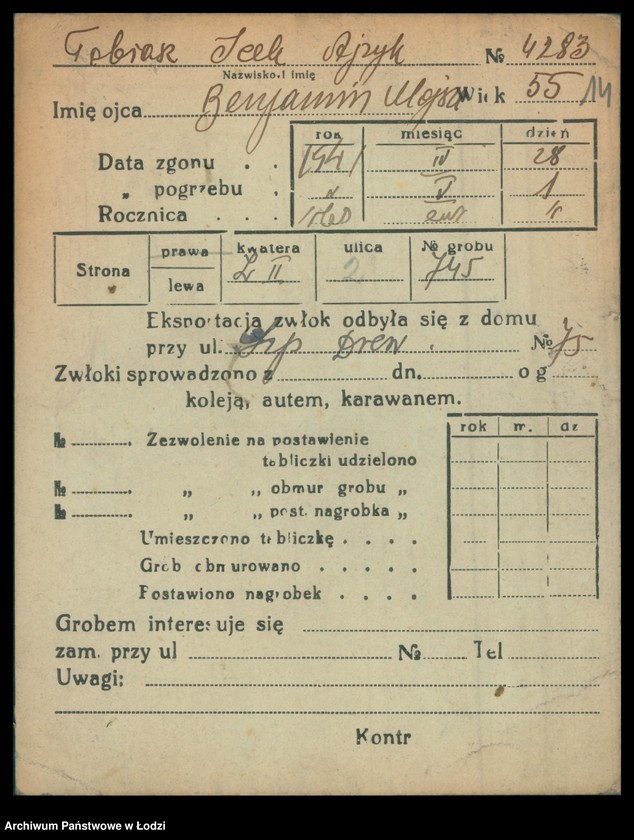 Obraz 15 z jednostki "Kartoteka osób pochowanych na cmentarzu żydowskim przy ulicy Brackiej w latach 1892-1957. Nazwiska na litery: To-Ty"