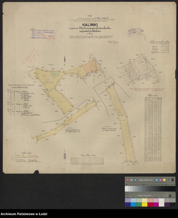 Obraz 1 z jednostki "Szkic pierworysu gruntów wydzielonych z majątku Kalinki dóbr Bąkowa Góra i na mocy orzeczenia Okręgowej Komisji Ziemskiej w Piotrkowie ... oddanych w zamian za serwituty leśne i pastwiskowe na własność wsi Kalinki w gminie Masłowice, powiecie radomskowskim"